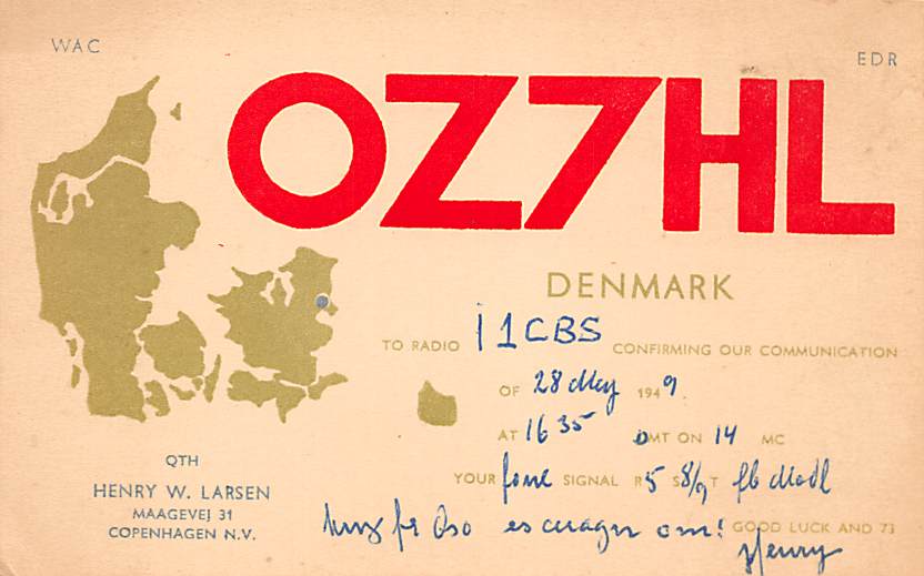 QSL Karte, Amateur Radio OZ7 HL, Copenhagen Denmark