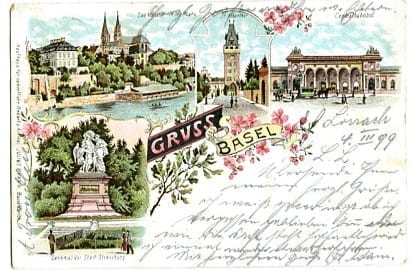 Basel, Mehrbild Lithokarte, Münster mit Pfalz, Centralbahnhof