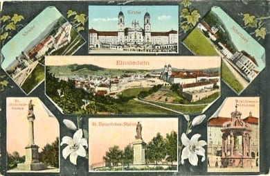 Einsiedeln, St.Meinrads-Statue, Schulhaus, Liebfrauenbrunnen