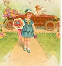 Geburtstag, Oldtimer, Mädchen mit Blumenstrauss
