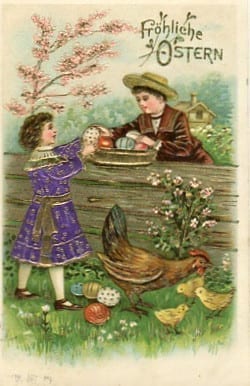 Ostern, Kinder mit Gockel und Hühnchen, Prägedruck